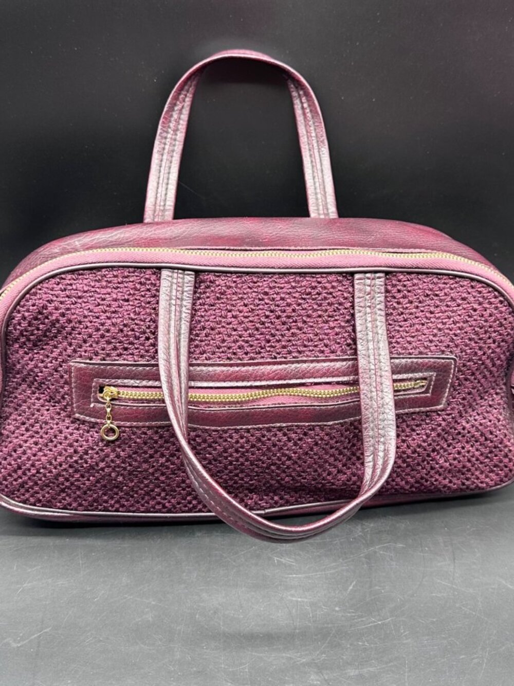 Vintage Purse Handbag 1970s Burgundy Woven Faux Leather Dual Handles Retro Fashi - Picture 2 of 12